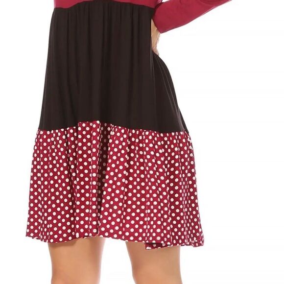 NEW! Boho Women's Babydoll Long Sleeve Ruffle Color Block Swing Dress Polka Dot - Picture 4 of 4